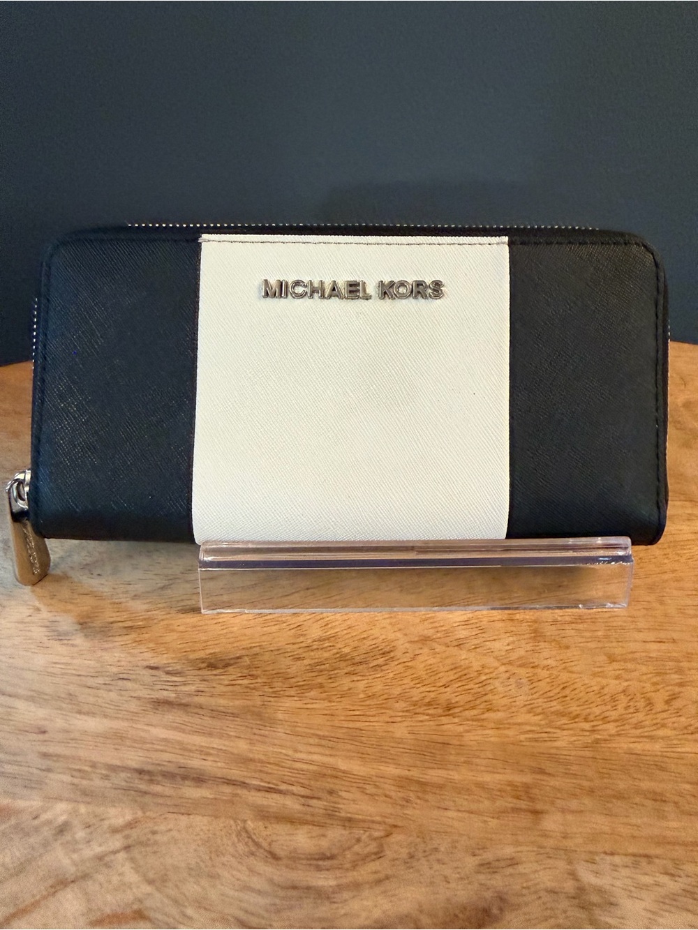 Michael Kors Black and White Colorblock Zip Wallet